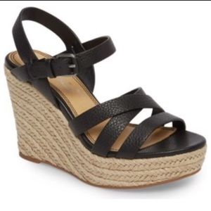 Splendid Billy Black Leather Platform Espadrille Buckle Wedge Sandals